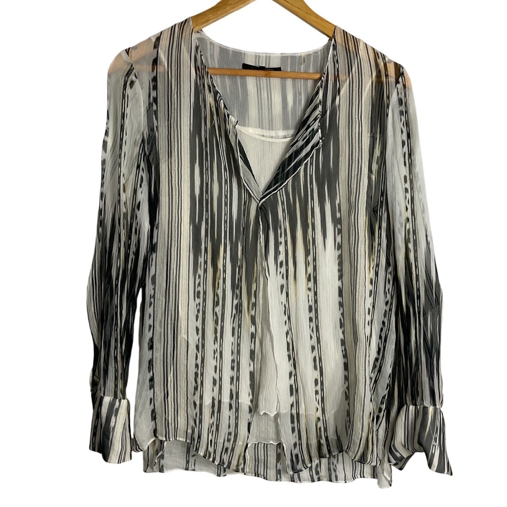 Kobi Halperin Silk Blouse XS Black White Ikat Stripe Sheer V-Neck natural fiber
